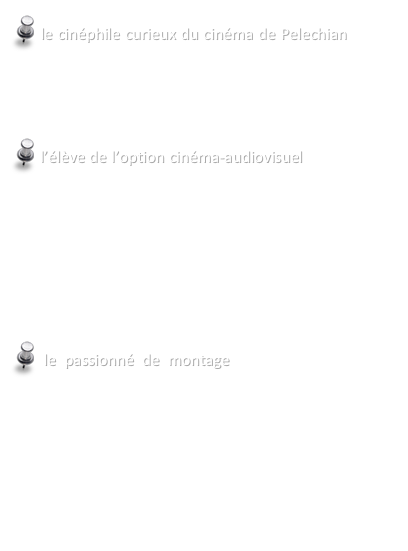  le cinéphile curieux du cinéma de Pelechian pourra emprunter une route rectiligne en suivant les étapes telles qu’elles sont proposées dans le menu latéral.


 l’élève de l’option cinéma-audiovisuel qui a travaillé sur le film de Vertov, L’homme à la caméra, commencera sans doute par Héritage soviétique, avant d’aller découvrir plus largement le cinéma de Pelechian et le montage à distance, puis de s’attarder sur le montage d’une séquence.


 le passionné de montage qui connaît le nom de Pelechian, ouvrira d’abord la page Montage à distance.
